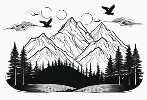 A mountain scape with trees. 5 silhouettes of birds.  All black tattoo idea