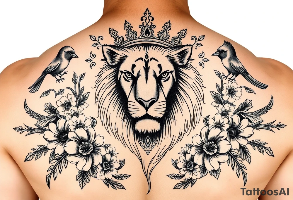 powerful majestic lion with a crown, surrounded by floral ornaments and birds tattoo idea