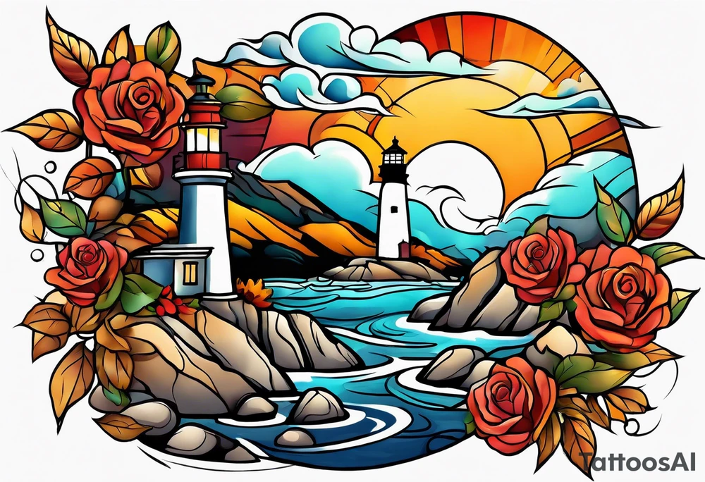thigh tattoo in fall colors, showing lighthouse, water flow around rocks, sky, clouds, leaves, roses and no trees tattoo idea