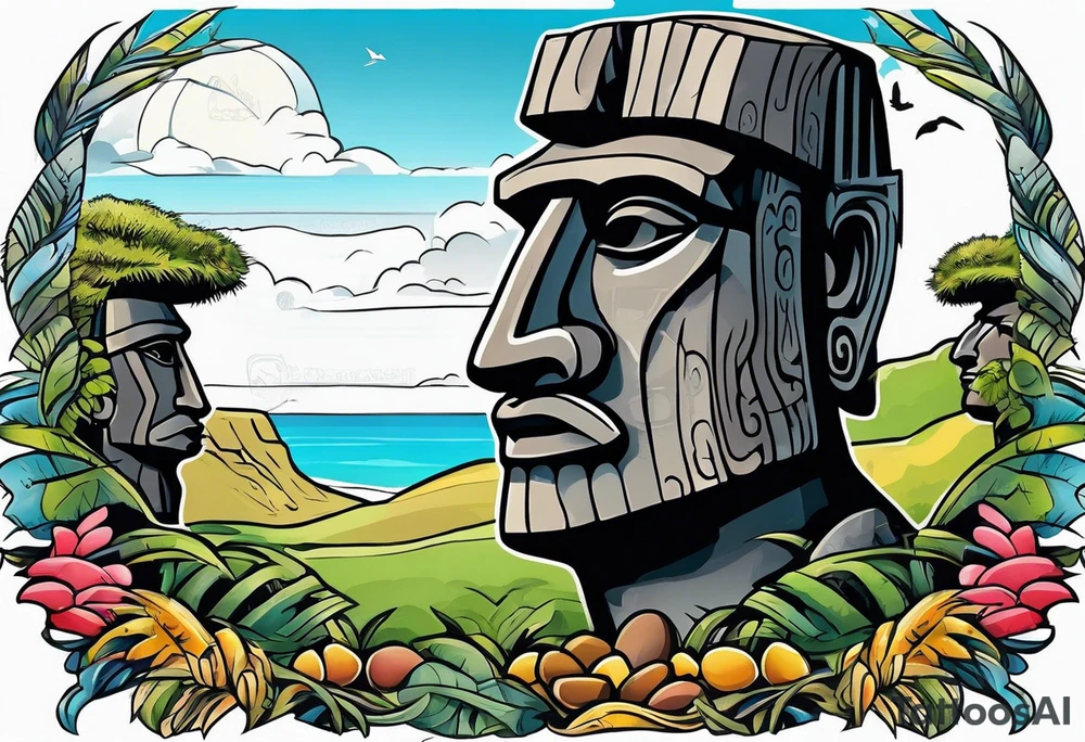 Easter island heads on an island landscape and hawk circling above tattoo idea