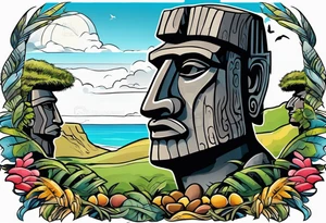 Easter island heads on an island landscape and hawk circling above tattoo idea
