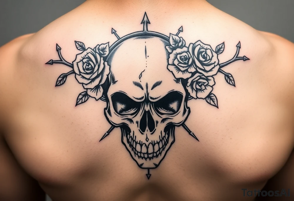 ornate skull adorned with crown of wild roses and thorns tattoo idea