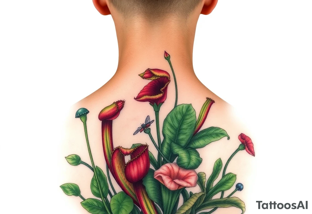 carnivorous plants neck, chest, back, and arm sleeves
I want these spots covered in these plants, ranging from venus fly traps to others
Make it masculine looking, I want it to look kinda like a plant guide book tattoo idea