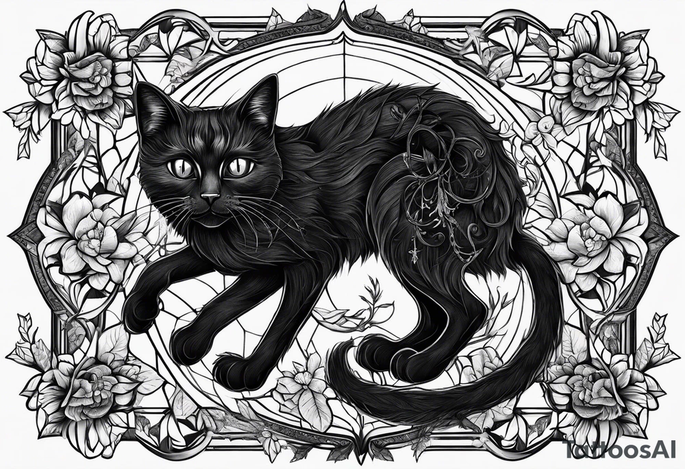 Ethereal witchy garden black cat spider black wudow tattoo idea