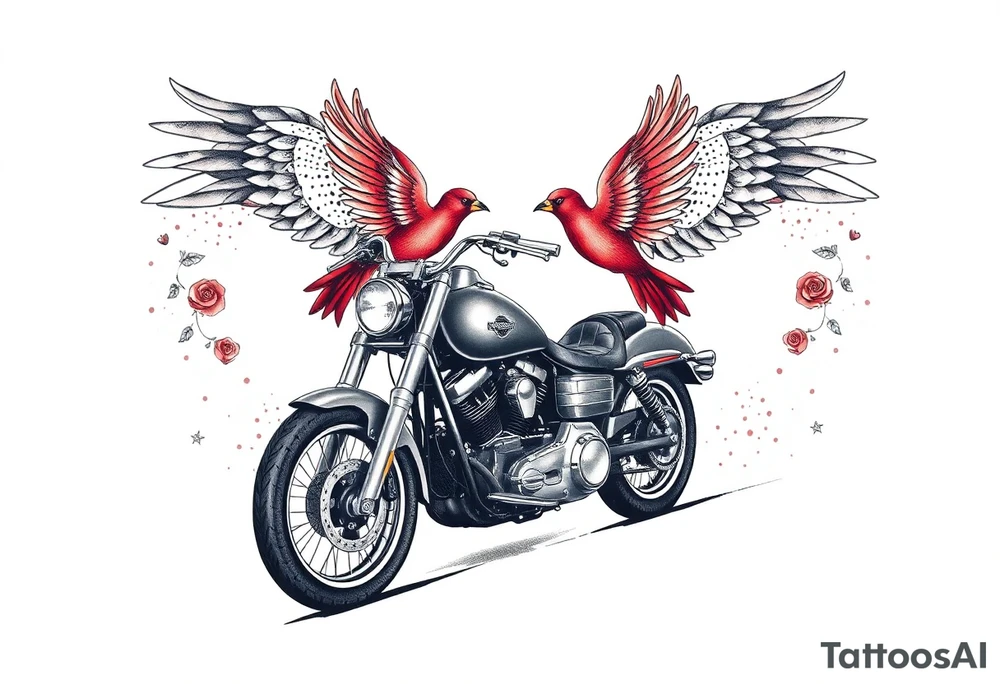 Harley grey motorcycle driving away, two red birds flying, roses, flames, angel wings tattoo idea