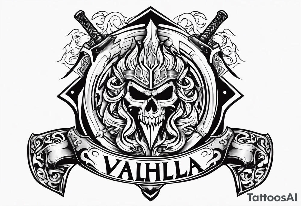 valhalla on fire sword shield axe warrior tattoo idea