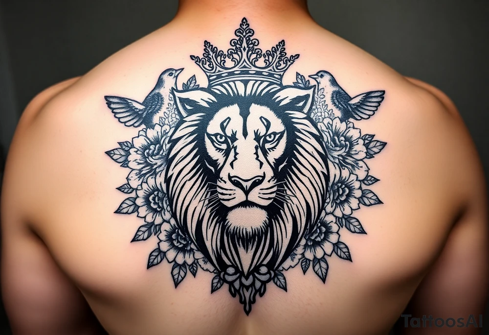 powerful majestic lion with a crown, surrounded by floral ornaments and birds tattoo idea