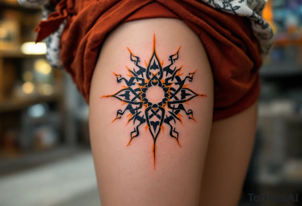 Featuring interlocked black knots and orange rays, this Celtic sun blazes with fierce energy on the upper back. tattoo idea