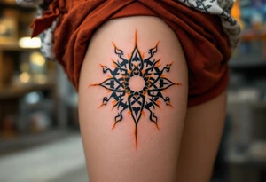 Featuring interlocked black knots and orange rays, this Celtic sun blazes with fierce energy on the upper back. tattoo idea