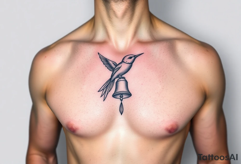 minimal fine line bird, bell and fish tattoo, for chest, man. tattoo idea