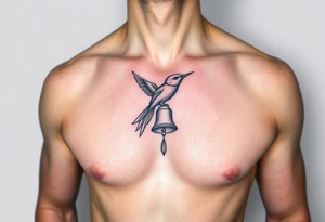 minimal fine line bird, bell and fish tattoo, for chest, man. tattoo idea
