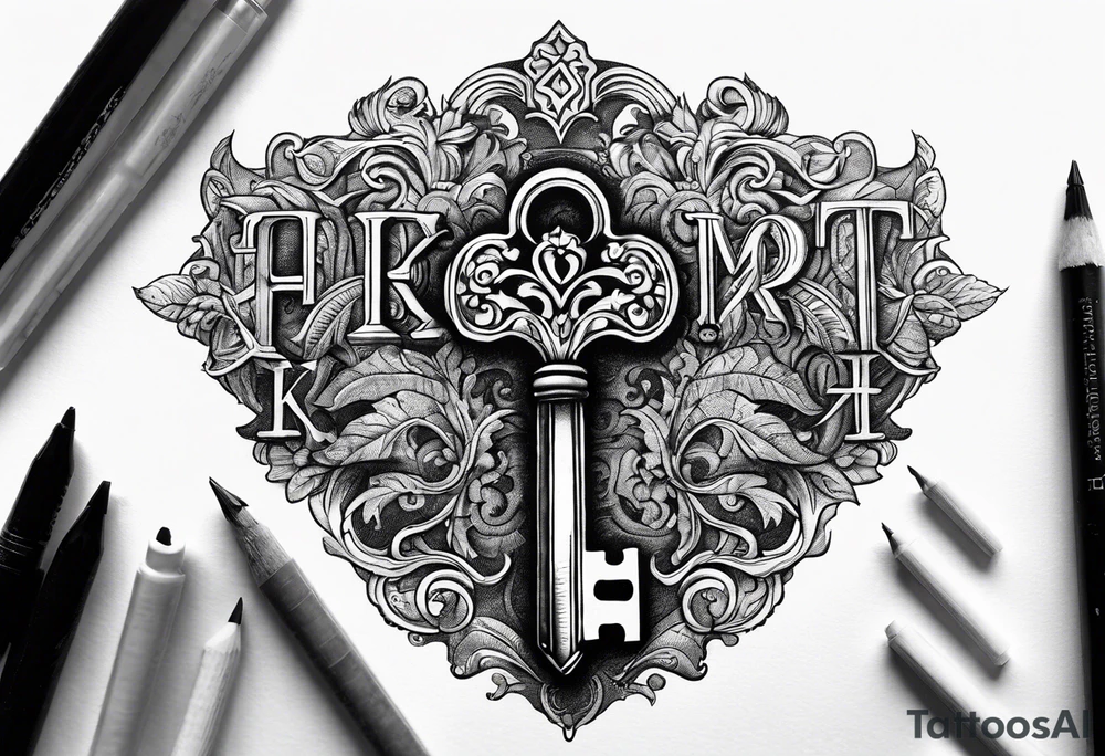 Antique key with alphabet letters as it's teeth tattoo idea Antique key with alphabet letters as it's teeth tattoo idea