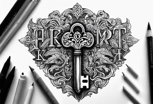 Antique key with alphabet letters as it's teeth tattoo idea