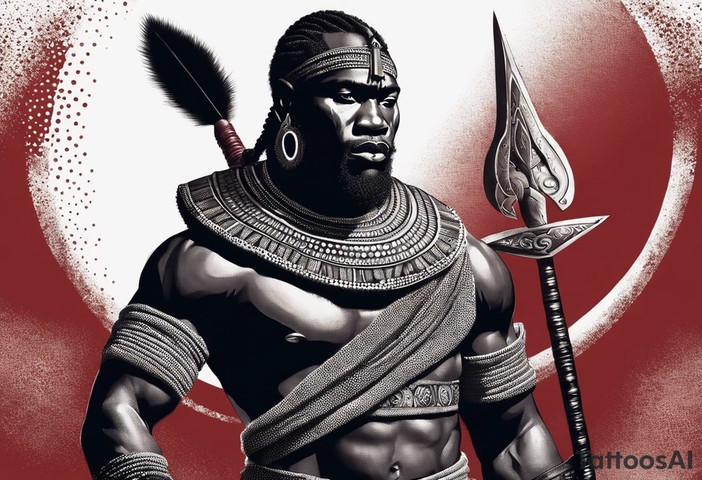 Black-skinned african warrior. He is a god of the war. Wears a simple red necklack tattoo idea
