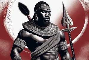 Black-skinned african warrior. He is a god of the war. Wears a simple red necklack tattoo idea