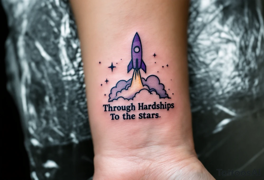 The phrase “Through Hardships To the Stars” in serif black is tattooed beneath a violet rocket ship breaking past a gray cloud. tattoo idea