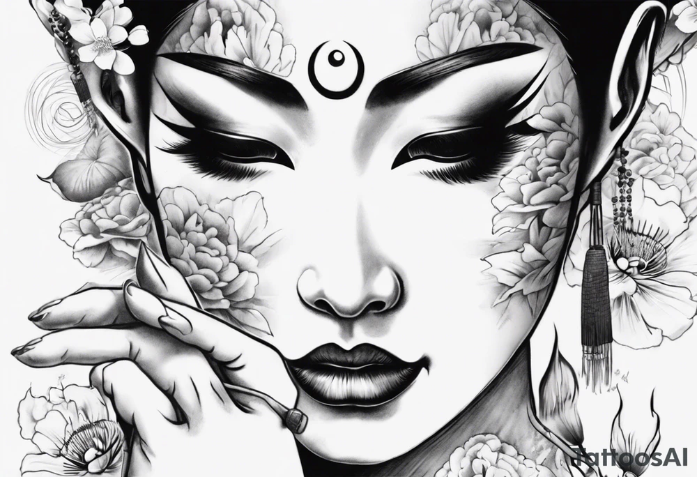 geisha face with two eyes closed with her hands and third realistic eye looking at you tattoo idea