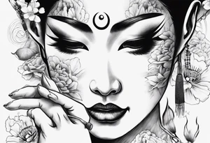 geisha face with two eyes closed with her hands and third realistic eye looking at you tattoo idea
