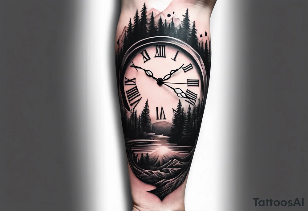 forearm sleeve, time, forest, kids tattoo idea