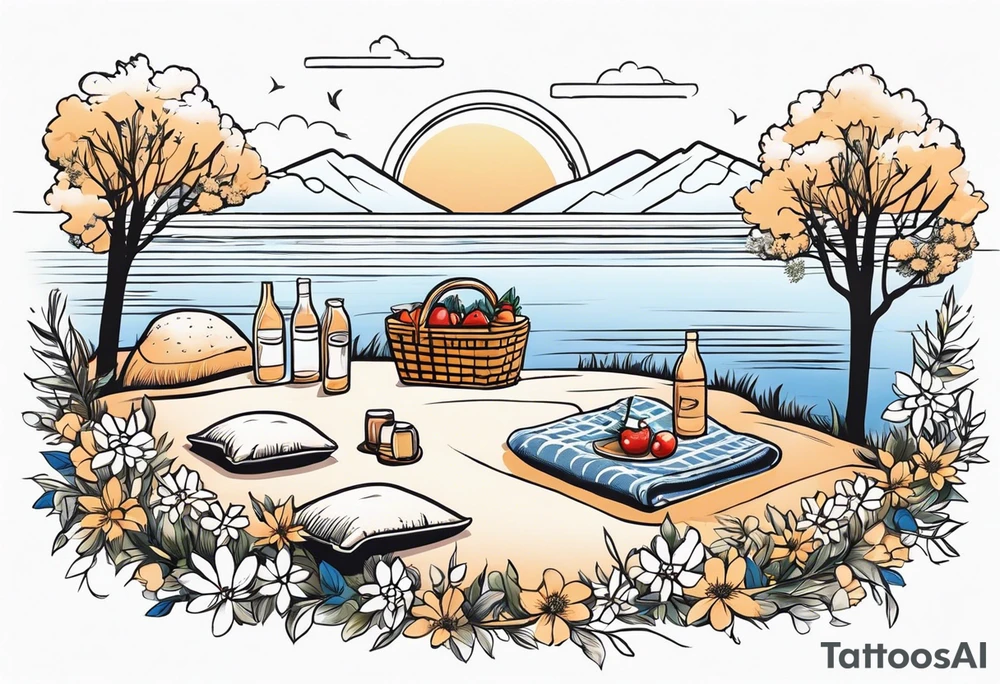 picnic scene in nature by a lake with bushes, tress and flowers, with a shecker blanket, a picnic basket, pillows and a sun in the sky tattoo idea