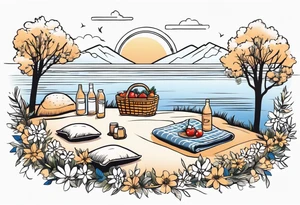 picnic scene in nature by a lake with bushes, tress and flowers, with a shecker blanket, a picnic basket, pillows and a sun in the sky tattoo idea