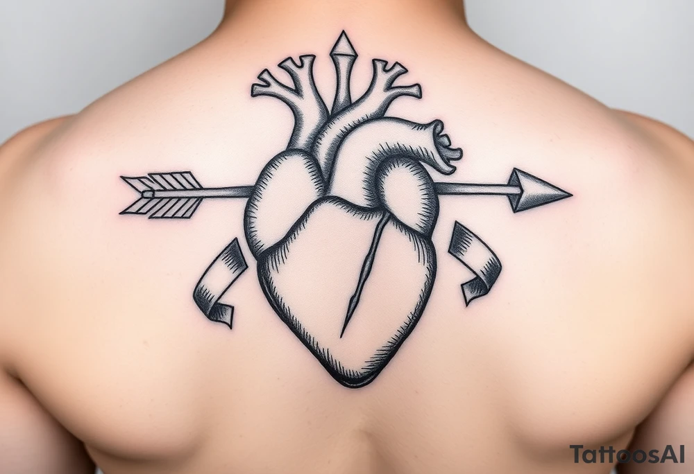 anatomical heart pierced by ornate arrow with flowing ribbons tattoo idea