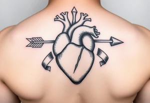 anatomical heart pierced by ornate arrow with flowing ribbons tattoo idea