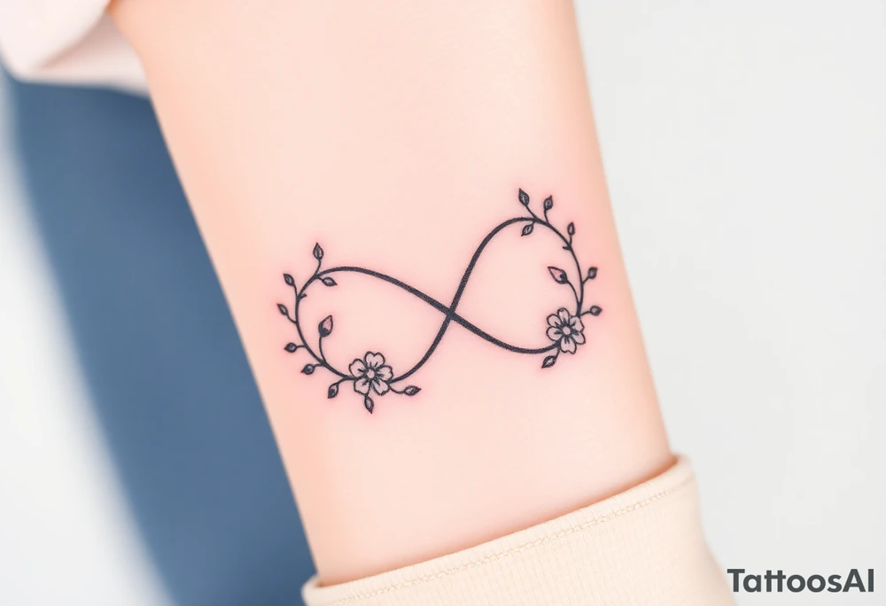 An infinity symbol including family sign made of intertwined vines, with delicate flowers blooming along its curves tattoo idea