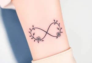 An infinity symbol including family sign made of intertwined vines, with delicate flowers blooming along its curves tattoo idea