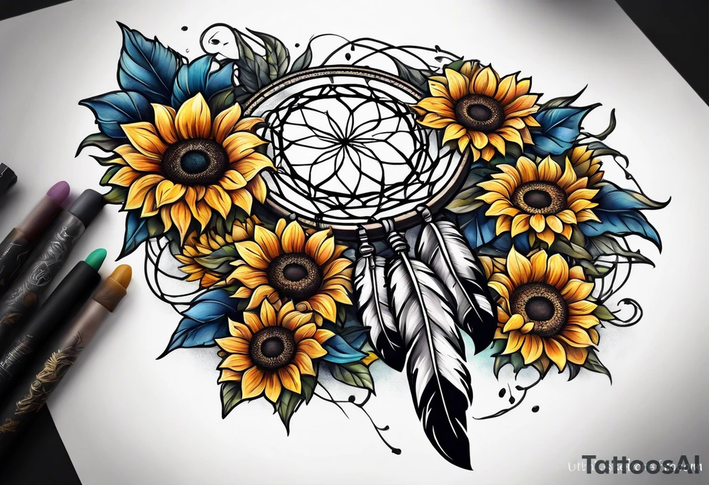 Dreamcatcher and sunflowers forearm sleeve tattoo idea