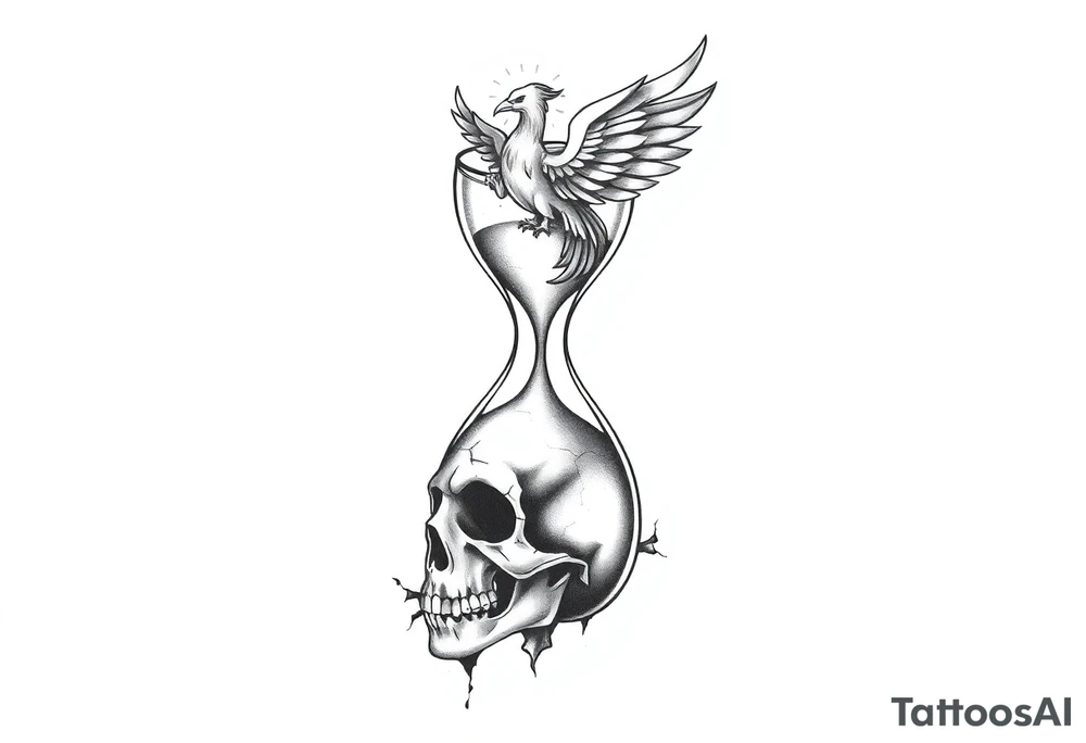 A cracked hourglass with the sands forming a skull below and a phoenix rising from the top. tattoo idea