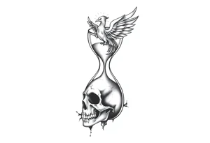 A cracked hourglass with the sands forming a skull below and a phoenix rising from the top. tattoo idea