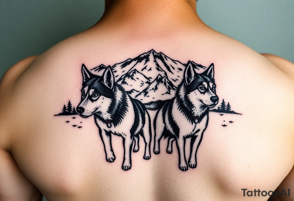 Sled dogs with northern lights and mountains tattoo idea