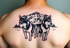 Sled dogs with northern lights and mountains tattoo idea