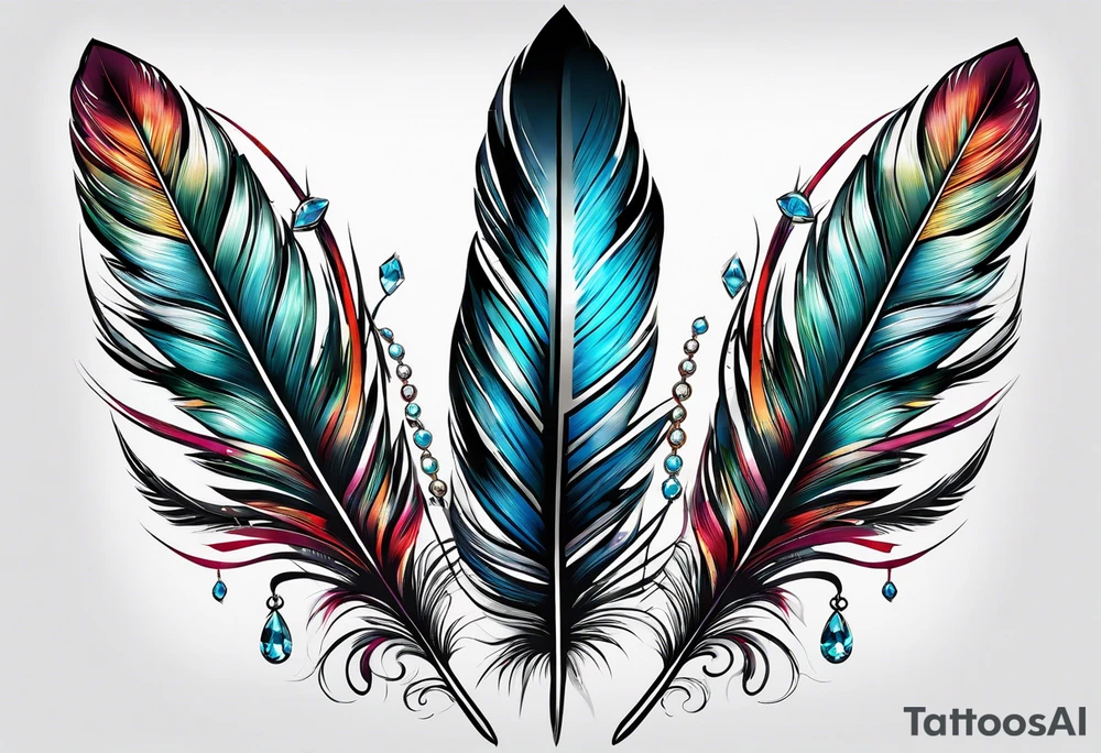 feather with jewels tattoo idea
