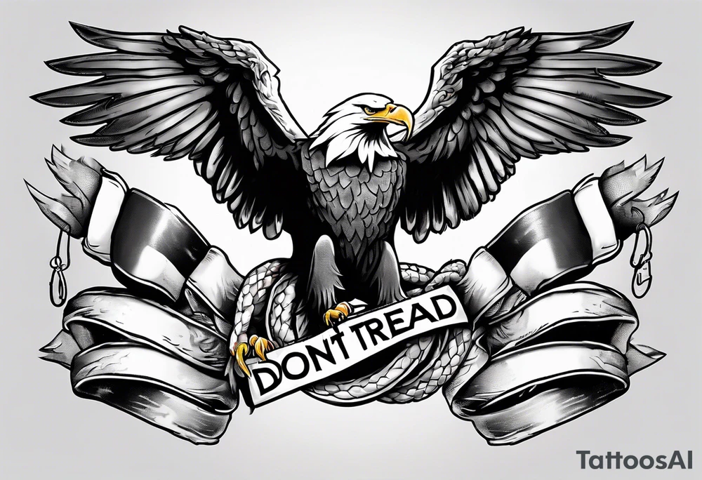 American traditional Bald Eagle carrying a snake in its talons, with a banner reading “don't tread on me” tattoo idea
