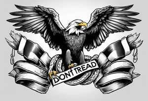 American traditional Bald Eagle carrying a snake in its talons, with a banner reading “don't tread on me” tattoo idea