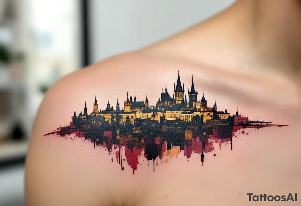 An abstract Prague city skyline in silhouette with the Sparta crest rising above in gold and maroon. tattoo idea