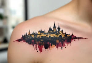 An abstract Prague city skyline in silhouette with the Sparta crest rising above in gold and maroon. tattoo idea