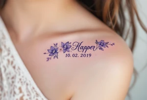 Hana 10. 02. 2019) – Soft violet and lilac flowers winding around Harper's birthdate, with subtle silver details. tattoo idea
