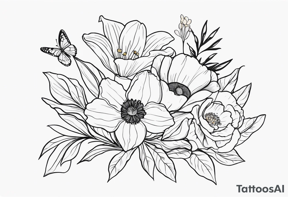 Small simple line-work full flower bouquet (show stems) with 1 daffodil, lily of the valley, 1 poppy, 1 peony, 1 chrysanthemum, and some leaves. Put a butterfly above the daffodil tattoo idea