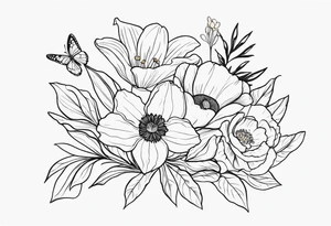 Small simple line-work full flower bouquet (show stems) with 1 daffodil, lily of the valley, 1 poppy, 1 peony, 1 chrysanthemum, and some leaves. Put a butterfly above the daffodil tattoo idea