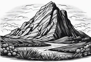 Create a tattoo of a flat topped rock Ebenezer with a base under the ground line that is pointed and deep, surrounded by freshly tilled and raked soil ready to be planted tattoo idea