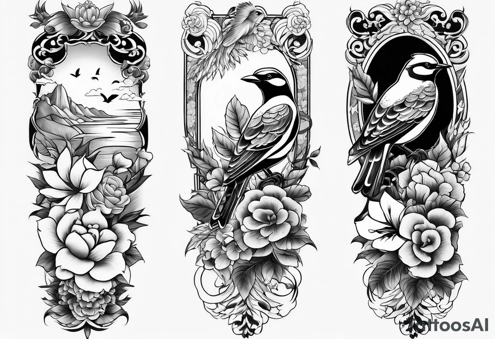 traditional style
leg sleeve with a bird and flowers tattoo idea