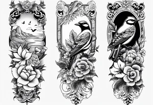 traditional style
leg sleeve with a bird and flowers tattoo idea