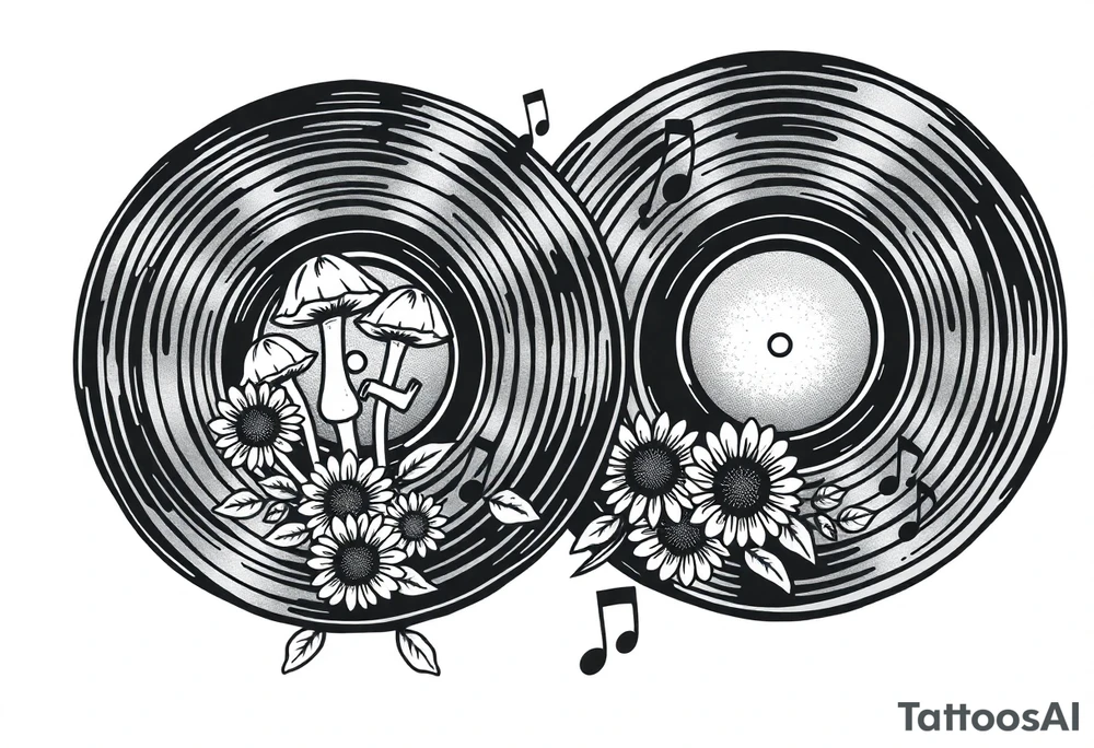 two overlapping vinyl records with mushrooms, sunflowers, and music notes tattoo idea