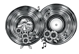 two overlapping vinyl records with mushrooms, sunflowers, and music notes tattoo idea