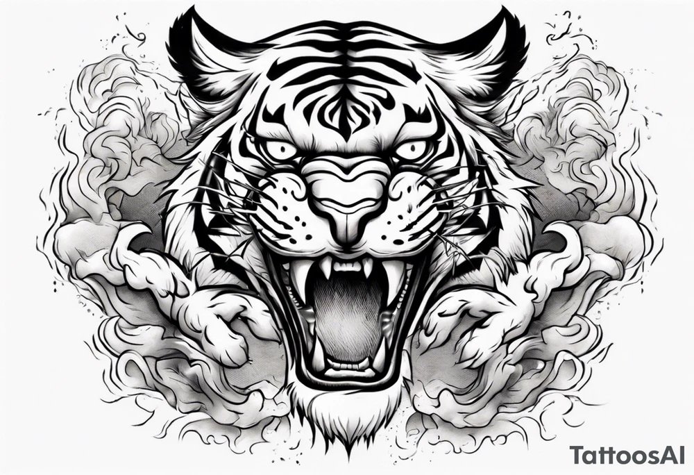 Tiger design with lightning and the sun for a forearm sleeve tattoo idea