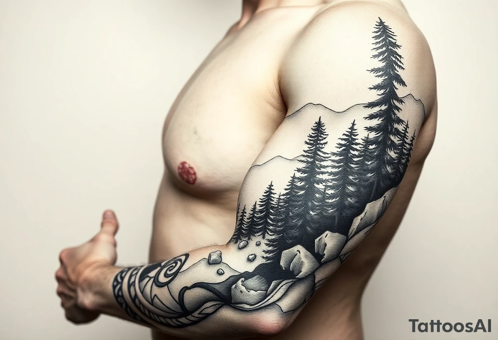russian orthodox cross in a light forrest mountainous setting tattoo idea