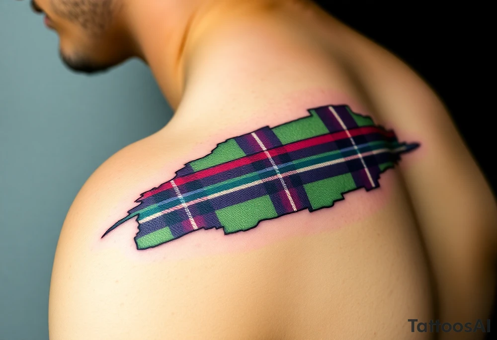 Side of arm Dark Purple with green pink blue and white highlights tartan fabric with skin peeling away at edges tattoo idea